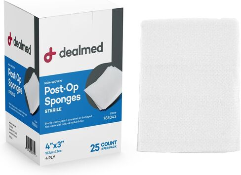 Dealmed Sterile Post-Op Gauze Sponges – 25 Count, 4-Ply, 4’’ x 3’’ Gauze Pads, Packages of Two, Individually Wrapped Non-Woven Gauze Sponges, Wound Care Product for First Aid Kit/Medical Facilities in Saudi Arabia