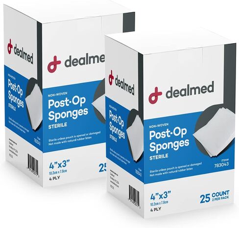 Dealmed Sterile Post-Op Gauze Sponges – 25 Count, 4-Ply, 4’’ x 3’’ Gauze Pads, Packages of Two, Individually Wrapped Non-Woven Gauze Sponges, Wound Care Product for First Aid Kit/Medical Facilities in Saudi Arabia