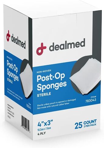 Dealmed Sterile Post-Op Gauze Sponges – 25 Count, 4-Ply, 4’’ x 3’’ Gauze Pads, Packages of Two, Individually Wrapped Non-Woven Gauze Sponges, Wound Care Product for First Aid Kit/Medical Facilities in Saudi Arabia