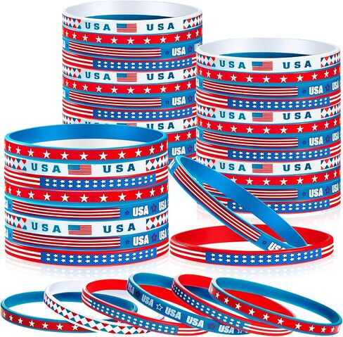 Leitee 100 Pcs USA Rubber Wristbands Bulk American Flag Silicone Stretchable Bracelet Patriotic Veterans Rubber Bracelets Red White Blue Military Memorial Day Army Wristbands Independence Day Gifts in Saudi Arabia