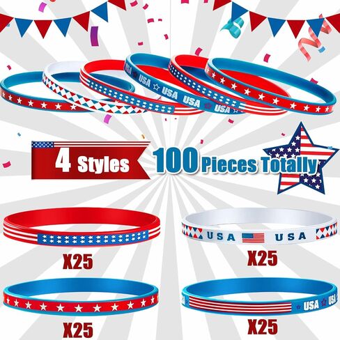 Leitee 100 Pcs USA Rubber Wristbands Bulk American Flag Silicone Stretchable Bracelet Patriotic Veterans Rubber Bracelets Red White Blue Military Memorial Day Army Wristbands Independence Day Gifts in Saudi Arabia