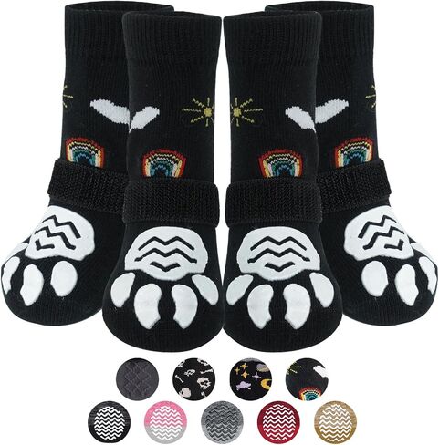 PUPTECK Anti Slip Dog Socks 2 Pairs with Double Grippers for Hardwood Floors, Shoes for Hot/Cold Pavement, Boots & Paws Protectors to Prevent Licking, Traction Booties for Senior Smll Large Dogs in Kuwait