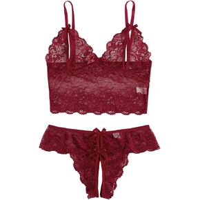 WDIRARA Women's Floral Lace Mesh Bow Lingerie Set Scallop Trim Bralette and Panty Set in Kuwait
