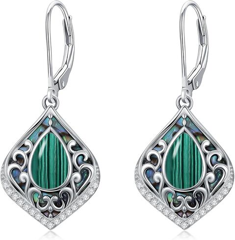 Filigree Gemstone Earrings 925 Sterling Silver Teardrop Bohemian Dangle Earrings Abalone Shell Filigree Jewelry Birthday Christmas Gifts for Women in Kuwait