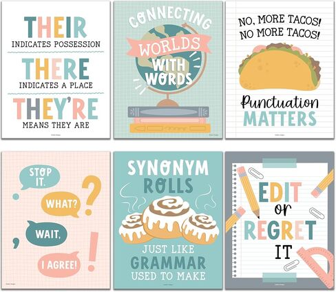 6 Colorful English Classroom Decor Middle School - English Classroom Posters High School, ELA Posters For High School Classroom, ESL Classroom Decorations, Grammar Posters, ELA Classroom Must Haves in Saudi Arabia