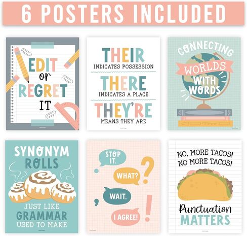6 Colorful English Classroom Decor Middle School - English Classroom Posters High School, ELA Posters For High School Classroom, ESL Classroom Decorations, Grammar Posters, ELA Classroom Must Haves in Saudi Arabia