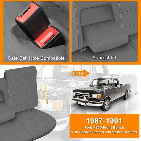Truck Seat Cover Compatible with 1987-1991 Ford F150 Front Bench with Opening Armrest and Molded Headrest, Charcoal in Kuwait