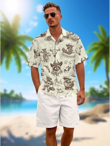 Men's Hawaiian Shirt Funny Vintage Western Cowboy Print Summer Beach Casual Short Sleeve Button Down Shirts in Kuwait