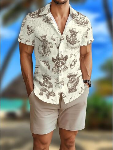Men's Hawaiian Shirt Funny Vintage Western Cowboy Print Summer Beach Casual Short Sleeve Button Down Shirts in Kuwait