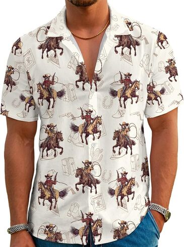 Men's Hawaiian Shirt Funny Vintage Western Cowboy Print Summer Beach Casual Short Sleeve Button Down Shirts in Kuwait