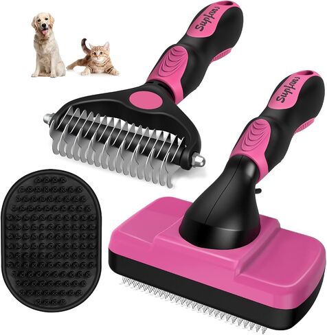 3PCS Self Cleaning Slicker Brush & Pet Grooming Rake & Bath Brush for Dogs,Cats and Horses | Double-Sided Dematting Comb & Skin Friendly Deshedding Grooming Tool (J-Green Black) in Kuwait
