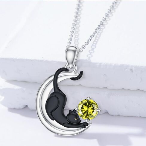 LONAGO Black Cat Birthstone Necklace Cat on Moon Pendant Necklace Jewelry Gift for Women in Saudi Arabia