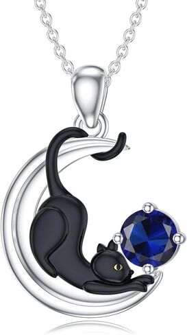 LONAGO Black Cat Birthstone Necklace Cat on Moon Pendant Necklace Jewelry Gift for Women in Saudi Arabia