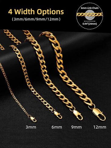 Mens Miami Cupan Link Chain 3/6/9/12mm Stainless Steel Curb Netlace ، 18/20/22/24/26/28/30 Inghes Black/18K Gold Cuban for Men Necklace in Kuwait