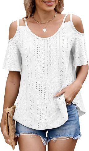 Eyelet Tops for Women Short Sleeve T Shirts Summer Spring Fashion 2025 Trendy Clothes Cold Shoulder Blouses in Saudi Arabia