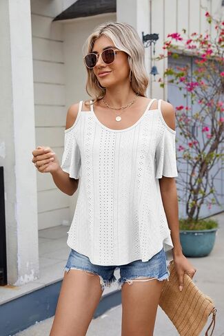 Eyelet Tops for Women Short Sleeve T Shirts Summer Spring Fashion 2025 Trendy Clothes Cold Shoulder Blouses in Saudi Arabia