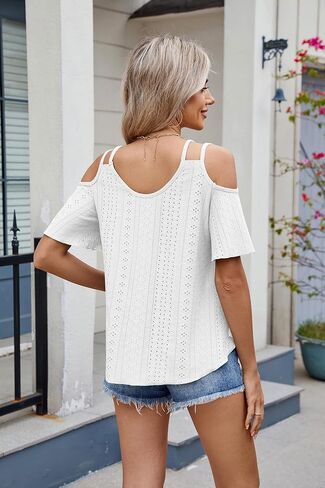 Eyelet Tops for Women Short Sleeve T Shirts Summer Spring Fashion 2025 Trendy Clothes Cold Shoulder Blouses in Saudi Arabia