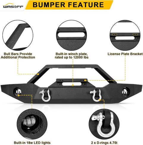 ملاءمة المصد الأمامي لـ Jeep Wrangler JK JL 2007-2025 & Jeep Gladiator JT 2020-2025 W/Winch Plate و Detachable Bar ، LED LIGH in Kuwait