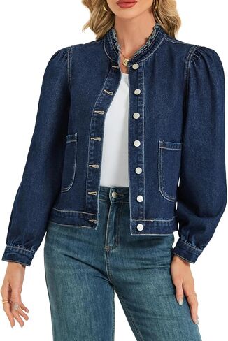 LifeShe Puff Sleeve Denim Jacket for women Ruffle Neck Jean Jacket Trendy 2025 Fall boyfriend Shacket in Saudi Arabia