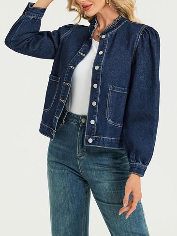 LifeShe Puff Sleeve Denim Jacket for women Ruffle Neck Jean Jacket Trendy 2025 Fall boyfriend Shacket in Saudi Arabia