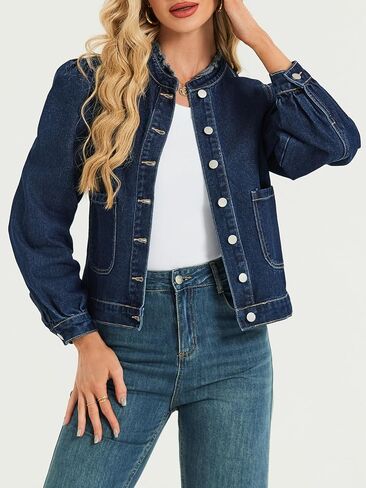 LifeShe Puff Sleeve Denim Jacket for women Ruffle Neck Jean Jacket Trendy 2025 Fall boyfriend Shacket in Saudi Arabia