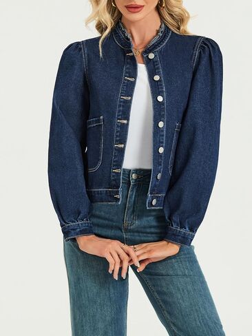 LifeShe Puff Sleeve Denim Jacket for women Ruffle Neck Jean Jacket Trendy 2025 Fall boyfriend Shacket in Saudi Arabia