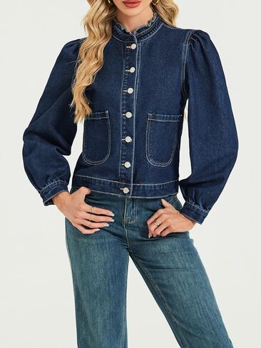 LifeShe Puff Sleeve Denim Jacket for women Ruffle Neck Jean Jacket Trendy 2025 Fall boyfriend Shacket in Saudi Arabia