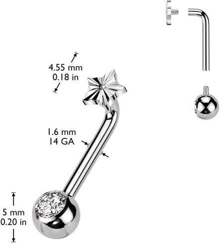 14GA ASTM F-136 زرع منجم Titanium Tittanium Tournely Lounting Star و CZ Crystal Ball End in Saudi Arabia