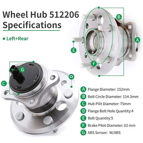 HICKS 512206 Rear Left Wheel Hub Bearing Assembly fit for 2002-2011 Toyota Camry (ABS Models), 2005-2012 Toyota Avalon (ABS Models) in Saudi Arabia