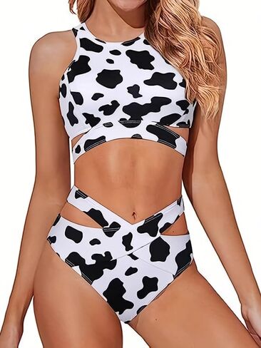 Women Swimsuit Bikini Set Floral Scoop Neck High Waisted Two Piece Bathing Suit in Kuwait