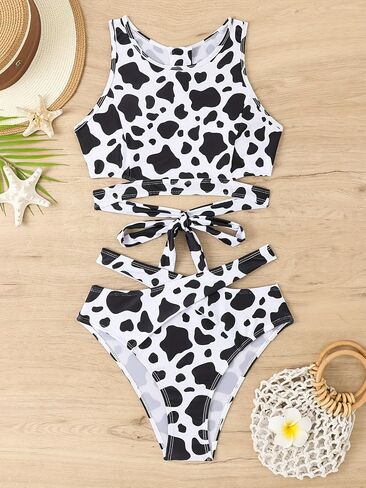 Women Swimsuit Bikini Set Floral Scoop Neck High Waisted Two Piece Bathing Suit in Kuwait