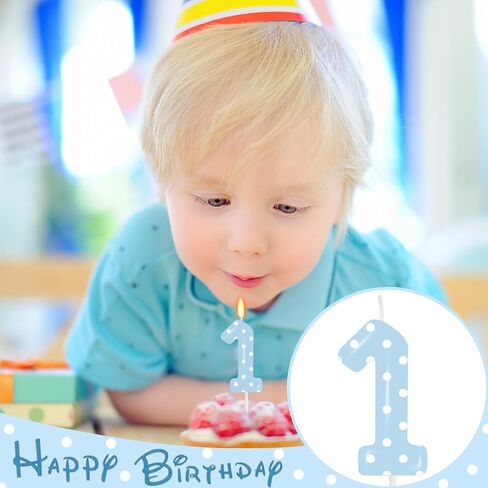 Blue Polka Dot Number 1 Candle, First Birthday Decorations for Boys, Happy Birthday Cake Topper for Party Supplies & Favors in Kuwait