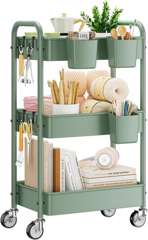 Yasonic 3 Tier Rolling Cart - عربة فائدة معدنية مع عجلات ، أكواب معلقة ، خطافات ، منظم عربة تخزين شبكية شاملة ، عربة مركبة لمكتب المطبخ ، الوزن الخفيف والقوي in Kuwait