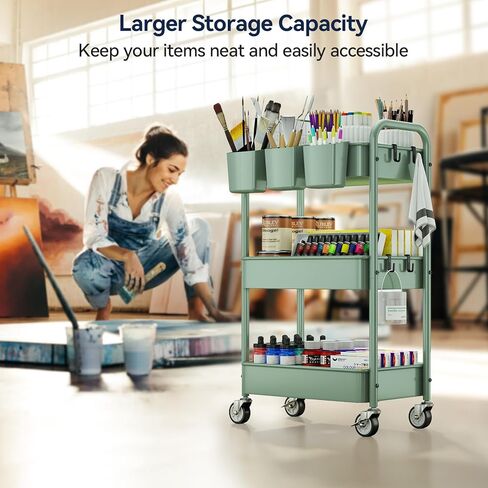 Yasonic 3 Tier Rolling Cart - عربة فائدة معدنية مع عجلات ، أكواب معلقة ، خطافات ، منظم عربة تخزين شبكية شاملة ، عربة مركبة لمكتب المطبخ ، الوزن الخفيف والقوي in Kuwait