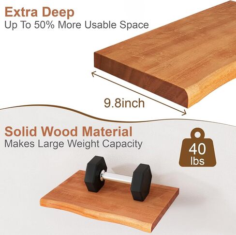 Floating Shelves 10 Inches Deep - Rustic Solid Wood Live Edge Floating Shelves Wall Mounted, 16 In Wall Shelf with Invisible Bracket for Living Room, Bathroom, Kitchen, Bedroom, Natural Finish in Saudi Arabia