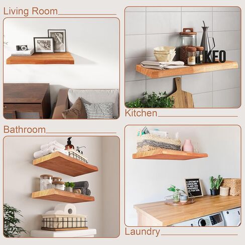 Floating Shelves 10 Inches Deep - Rustic Solid Wood Live Edge Floating Shelves Wall Mounted, 16 In Wall Shelf with Invisible Bracket for Living Room, Bathroom, Kitchen, Bedroom, Natural Finish in Saudi Arabia
