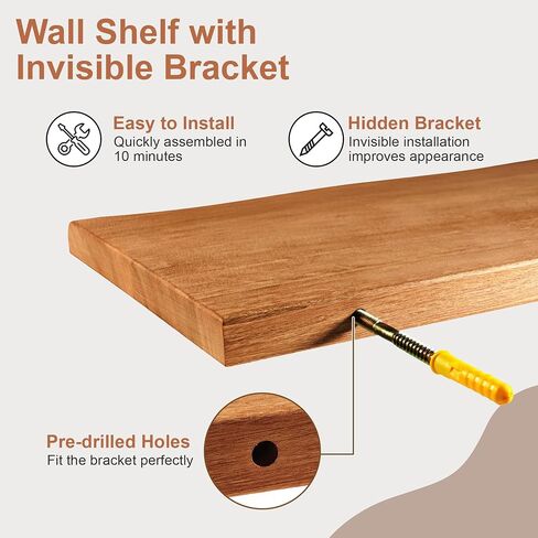 Floating Shelves 10 Inches Deep - Rustic Solid Wood Live Edge Floating Shelves Wall Mounted, 16 In Wall Shelf with Invisible Bracket for Living Room, Bathroom, Kitchen, Bedroom, Natural Finish in Saudi Arabia
