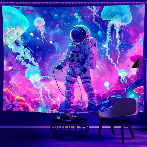 Onivein Blacklight Astronaut Jellyfish Tapestry UV Reactive Under the Sea Tapestry Neon Galaxy Space Tapestries for Bedroom Dorm Living Room Decor W59×H51 in Saudi Arabia