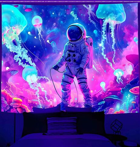 Onivein Blacklight Astronaut Jellyfish Tapestry UV Reactive Under the Sea Tapestry Neon Galaxy Space Tapestries for Bedroom Dorm Living Room Decor W59×H51 in Saudi Arabia