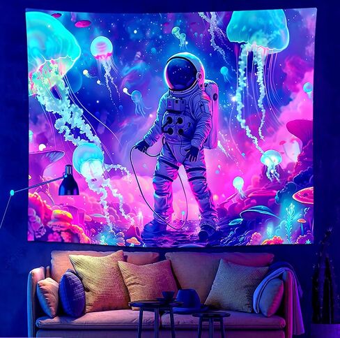 Onivein Blacklight Astronaut Jellyfish Tapestry UV Reactive Under the Sea Tapestry Neon Galaxy Space Tapestries for Bedroom Dorm Living Room Decor W59×H51 in Saudi Arabia