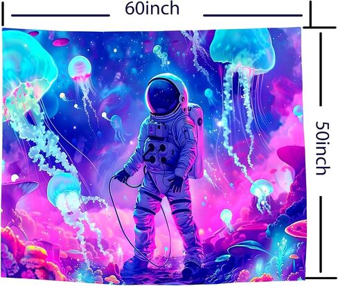 Onivein Blacklight Astronaut Jellyfish Tapestry UV Reactive Under the Sea Tapestry Neon Galaxy Space Tapestries for Bedroom Dorm Living Room Decor W59×H51 in Saudi Arabia