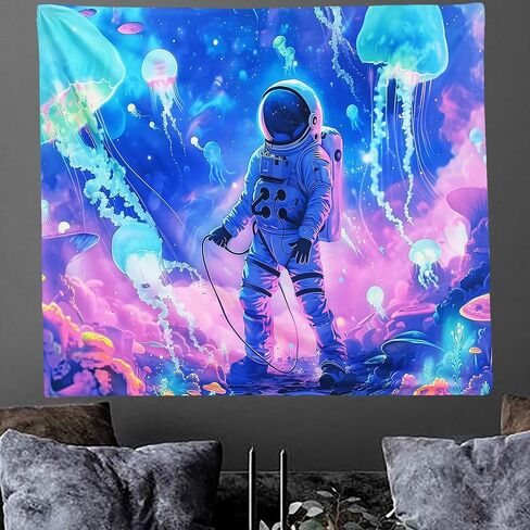 Onivein Blacklight Astronaut Jellyfish Tapestry UV Reactive Under the Sea Tapestry Neon Galaxy Space Tapestries for Bedroom Dorm Living Room Decor W59×H51 in Saudi Arabia