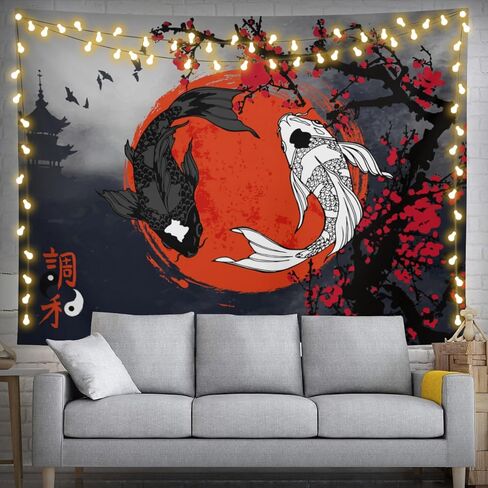 Klainlcly اليابانية Yin Yang Koi Fish Tapestry 80 "× 60" أنيمي زهر أزهار الزخارف معلقة ديكورات المنزل ديكور المنزل لغرفة النوم غرفة المعيشة (200 × 150 سم) in Kuwait