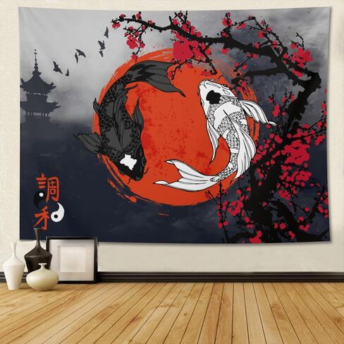 Klainlcly اليابانية Yin Yang Koi Fish Tapestry 80 "× 60" أنيمي زهر أزهار الزخارف معلقة ديكورات المنزل ديكور المنزل لغرفة النوم غرفة المعيشة (200 × 150 سم) in Kuwait