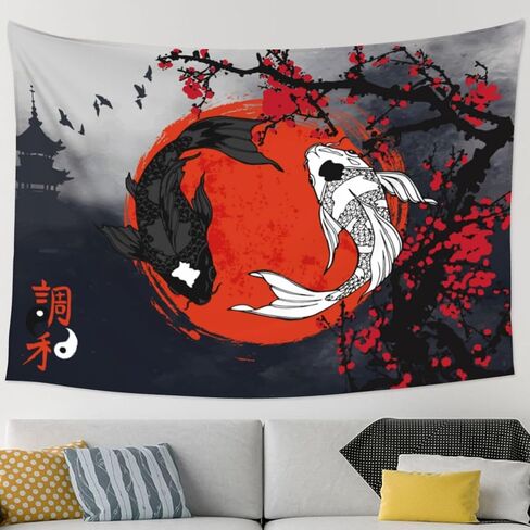 Klainlcly اليابانية Yin Yang Koi Fish Tapestry 80 "× 60" أنيمي زهر أزهار الزخارف معلقة ديكورات المنزل ديكور المنزل لغرفة النوم غرفة المعيشة (200 × 150 سم) in Kuwait