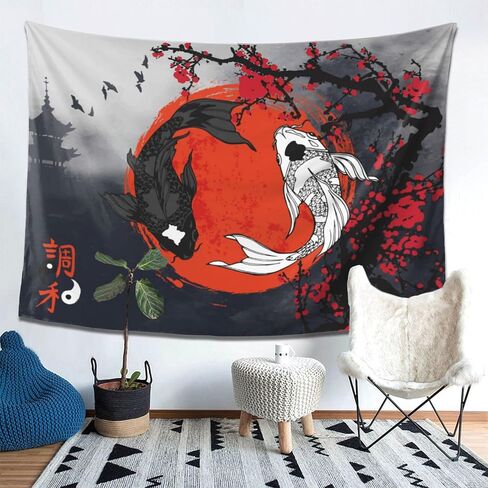Klainlcly اليابانية Yin Yang Koi Fish Tapestry 80 "× 60" أنيمي زهر أزهار الزخارف معلقة ديكورات المنزل ديكور المنزل لغرفة النوم غرفة المعيشة (200 × 150 سم) in Kuwait