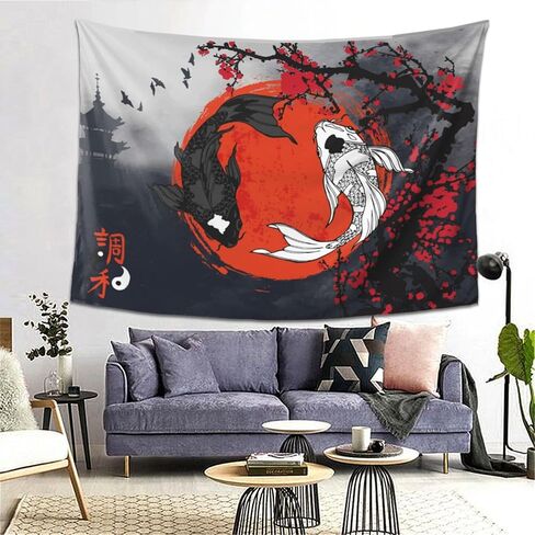 Klainlcly اليابانية Yin Yang Koi Fish Tapestry 80 "× 60" أنيمي زهر أزهار الزخارف معلقة ديكورات المنزل ديكور المنزل لغرفة النوم غرفة المعيشة (200 × 150 سم) in Kuwait