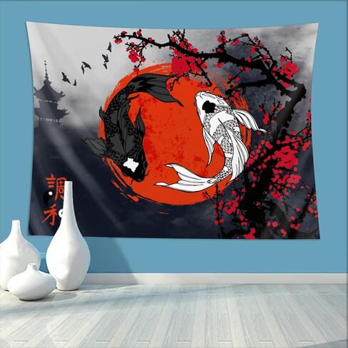 Klainlcly اليابانية Yin Yang Koi Fish Tapestry 80 "× 60" أنيمي زهر أزهار الزخارف معلقة ديكورات المنزل ديكور المنزل لغرفة النوم غرفة المعيشة (200 × 150 سم) in Kuwait