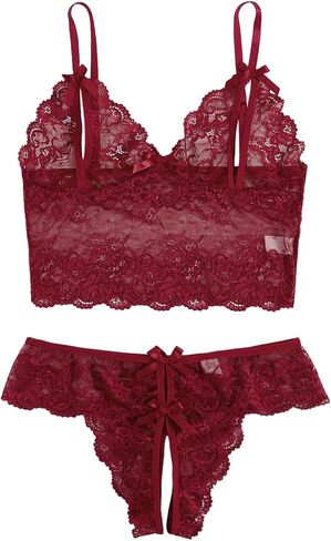 WDIRARA Women's Floral Lace Mesh Bow Lingerie Set Scallop Trim Bralette and Panty Set in Saudi Arabia
