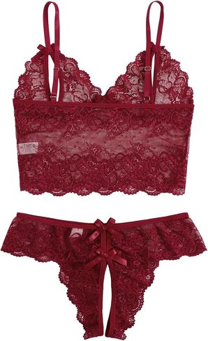 WDIRARA Women's Floral Lace Mesh Bow Lingerie Set Scallop Trim Bralette and Panty Set in Saudi Arabia